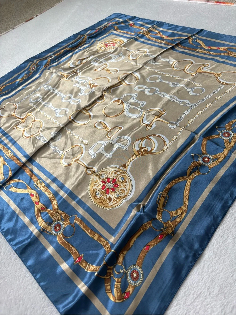 Silk-Feel Navy and Taupe Chain Print Scarf